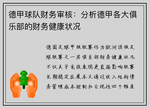 德甲球队财务审核：分析德甲各大俱乐部的财务健康状况