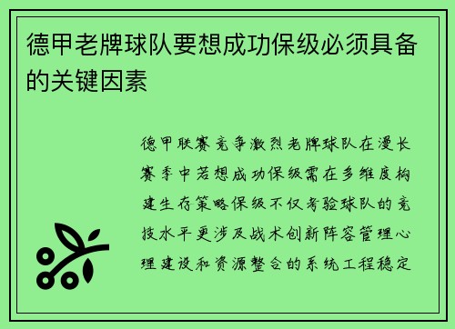 德甲老牌球队要想成功保级必须具备的关键因素